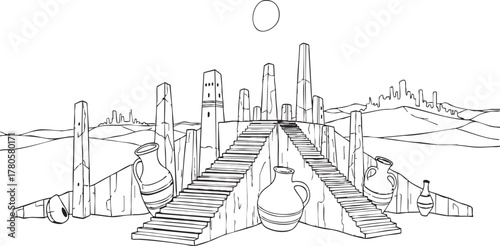 Fantasy antique stone stage with stairs vases and background city