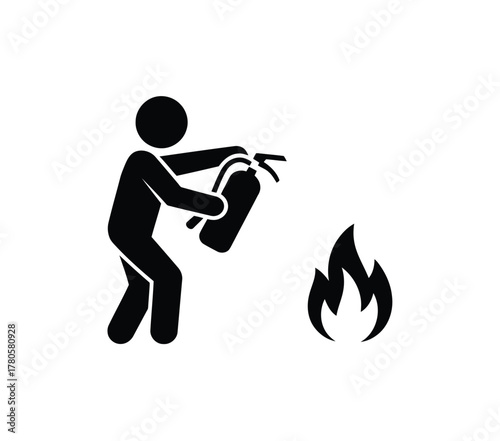 Pictogram Illustration Person Extinguishing Flames with Fire Extinguisher in Black and White