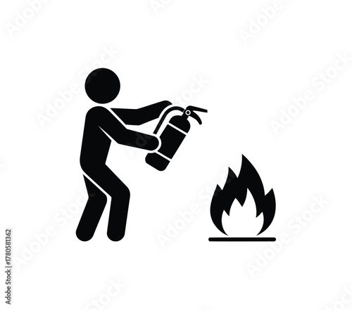 Stick Figure Using Fire Extinguisher on Fire Black Silhouette Safety Symbol Prevention