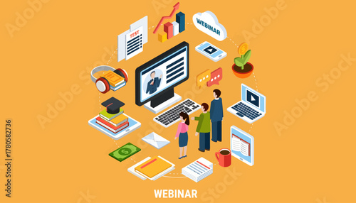 Flat lay illustration of a webinar with various office supplies and devices on an orange background