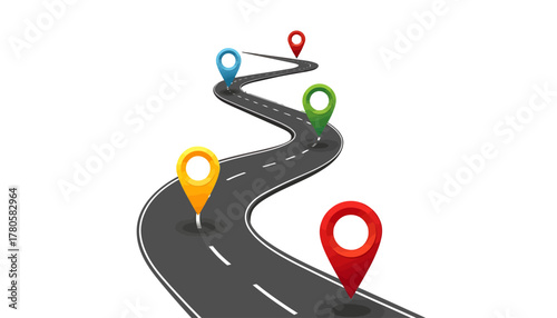 Infographic of a winding road with multicolored location pins on a white background