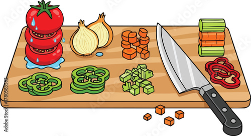 Fresh Vegetables Chopped On A Wooden Cutting Board With Knife Tomato Onion Pepper Carrot Celery