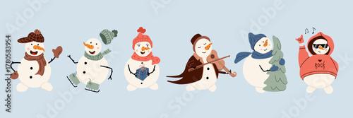 A set of six happy and smiling snowmen in various playful poses and outfits, such as rocker, ice skater, with a gift, with a violin, and with a Christmas tree. Kids winter charackters isolated