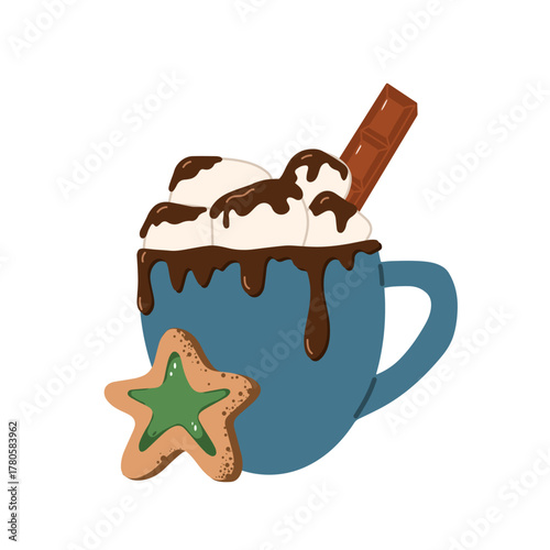 Vector illustration of a cup of hot cocoa with marshmallows drizzled with chocolate syrup, a bar of chocolate and a star-shaped cookie. Perfect for winter and holiday drink designs.