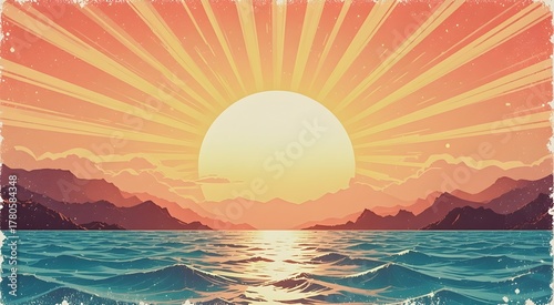 Retro summer sun background.Modern illustration.Vector groovy sunshine wavy rays in vintage grunge design. 70s radial poster.
