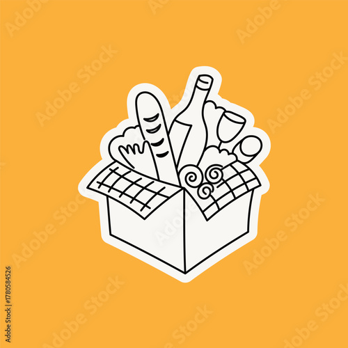 Doodle picnic concept, vector logo design template and graphic elements for advertising, branding, posters,  banners and prints, illustrations, brunch cafe , bakery and coffee shops concepts