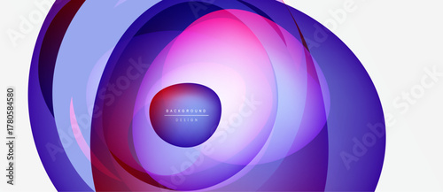 Abstract layers create dynamic circular pattern. Vibrant purple, blue hues blend, forming modern background design. Minimal text present.