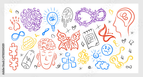 Neurodivergence collection colorful vector illustration with ADHD autism symbols and mental health icons perfect for stickers posters prints cards education and awareness