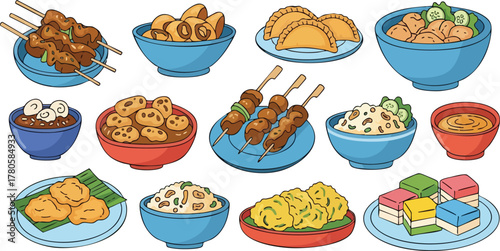 Pixel Art Food Collection Assorted Appetizers Skewers Rice Dishes and Desserts