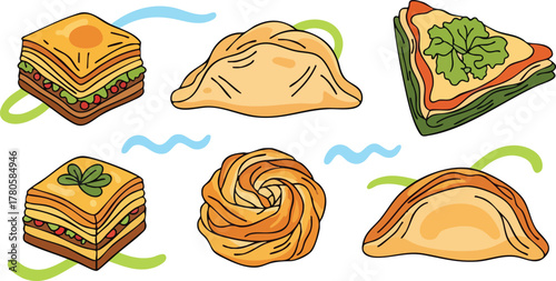 Assortment of Middle Eastern Desserts and Pastries in a Cartoon Style with Wavy Lines Background
