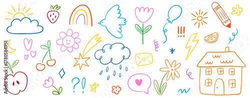 Wallpaper Mural Crayon cute kid doodle set. Hand drawn outline scribble cloud, star, house, flower, sun, heart shapes, sun, bird, children elements in sketch style. Vector illustration isolated on white background Torontodigital.ca