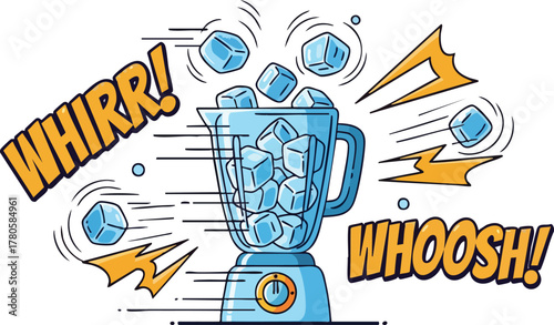 Ice Cubes Whirring and Whooshing in a Blender With Sound Effects And Yellow Starbursts