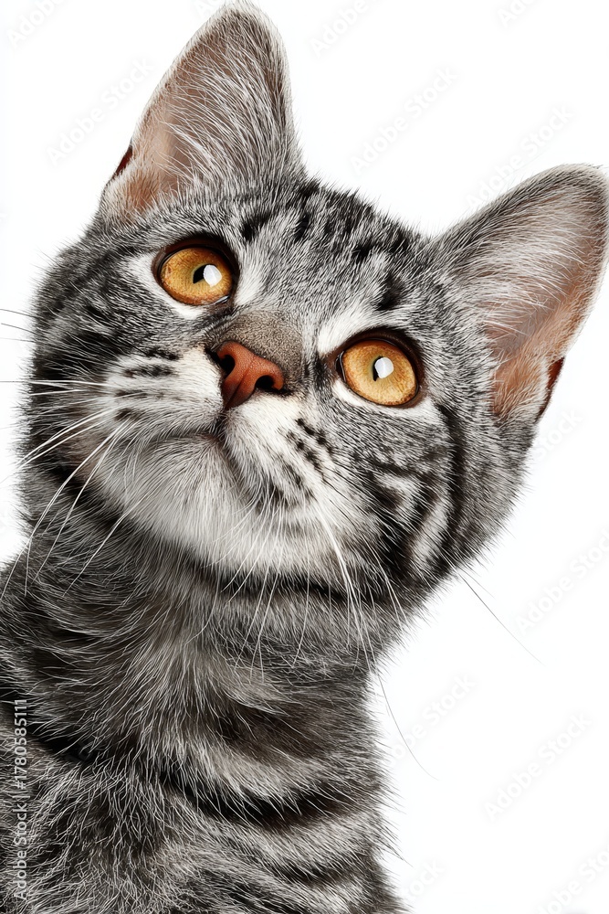 Fototapeta premium Adorable American Shorthair Cat with Striking Amber Eyes and Striped Fur on a White Background