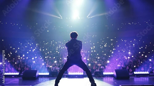 Korean k pop idol man musician singer sing on stage performing live concert. Audience fans with hands raised cheering. Music festival or night event concept. Kpop Korea culture.