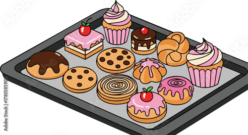 Assorted Baked Goods With Pink Frosting And Red Cherries On A Baking Tray