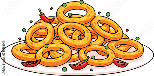 Golden Fried Onion Rings With Red Chili Pepper and Green Peas On White Plate