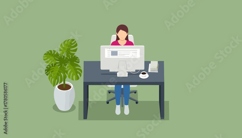 Flat illustration of a woman working at a desk with a computer and plant in a minimalist office space.