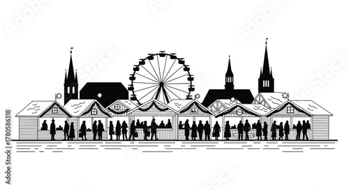 Black and white illustration of a bustling christmas market with stalls and a ferris wheel silhouette