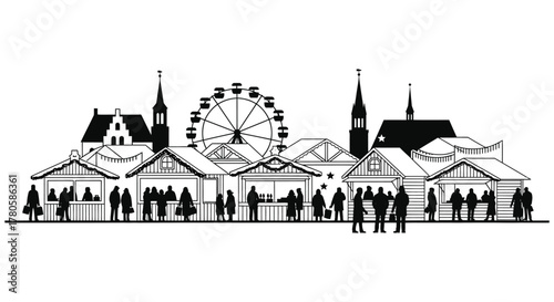 A lively christmas market scene with ferris wheel and stalls in a charming silhouette