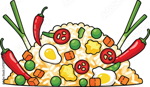 Pixel Art Fried Rice With Vegetables Egg Chili Peppers Scallions And Peas Isolated On White Background