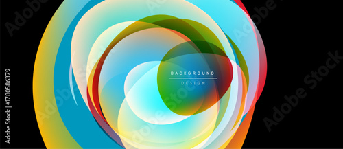 Abstract colorful circles overlap creating dynamic visual effect. Bright hues blend, forming modern background design. Smooth gradients enhance depth.