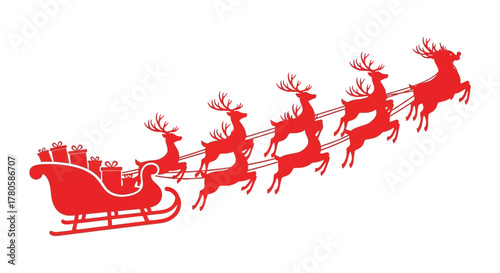 Red santa claus sleigh pulled by reindeer silhouette on white background