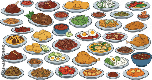 A Collection of Pixel Art Food Dishes and Meals in Various Plates and Bowls