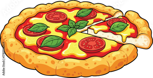 Pixel Art Pizza Margherita With Golden Crust And Fresh Basil On White Background