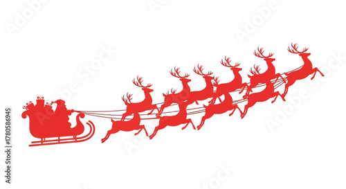 Santa claus in his sleigh pulled by a team of reindeer in a festive red silhouette
