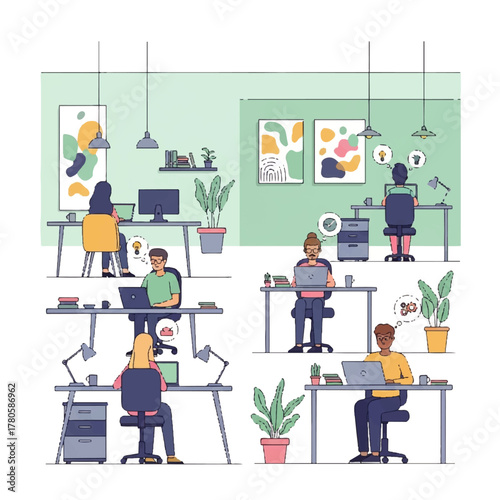 Diverse group of professionals collaborating and working in a modern, well-lit office space with contemporary decor and plants