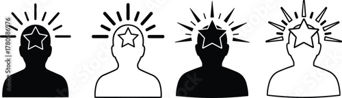 Four stylized heads with radiating light and stars above representing ideas and inspiration