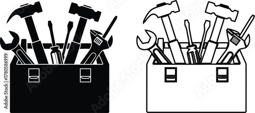 Black and white illustration of two toolboxes filled with various hand tools and construction equipment