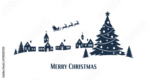 Festive christmas village scene with santa claus flying in his sleigh over snow covered houses and a decorated tree silhouette