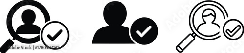 Set of three user profile icons with magnifying glass and checkmark for search and selection