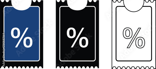 Three different styles of discount coupons with percentage signs for sales and promotions