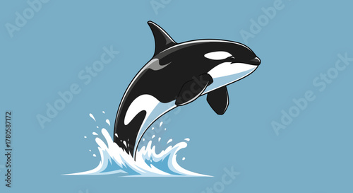 Illustration of an orca jumping out of the water against a blue background.