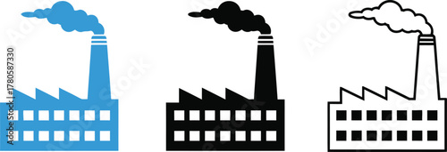 Set of three factory icons with smoke stacks emitting pollution in blue black and outline styles