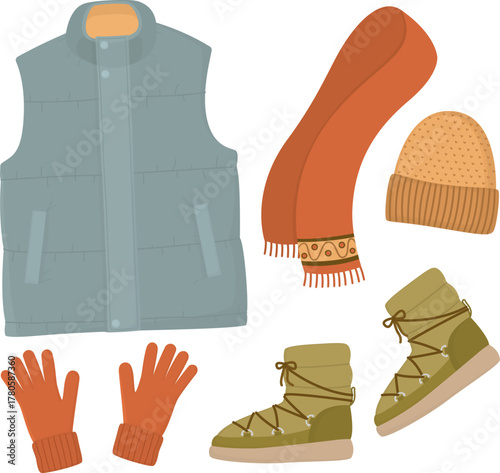 Stilish illustration with warm outfit. Puffer vest, scarf, gloves, beanie and shoes