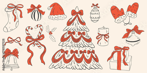 Vintage chalk Christmas set. Hand drawn retro new year decor, Christmas tree, toys, gift, socks, mittens in crayon style. Vector La dolce vita whimsical drawing for menus and invitations.