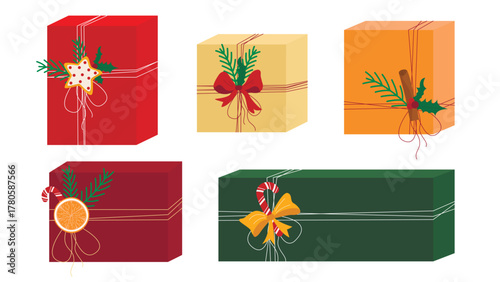 New Year and Christmas surprises in flat style. Set of wrapped boxes with holiday attributes. Gift boxes decorated with fir branches, holly, bows and gingerbread. Vector elements, clip art