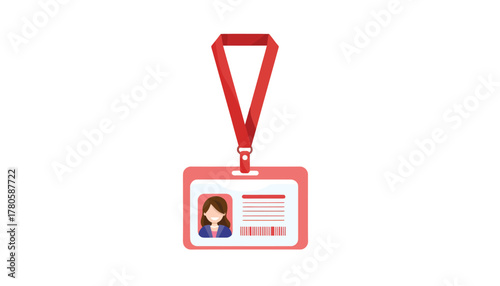 Close-up of a red employee ID badge with a photo on a lanyard against a clean white background.