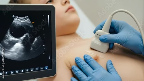 Video of pediatric cardiologist performing child heart ultrasound, doctor’s hand holding sensors analyzing heartbeat