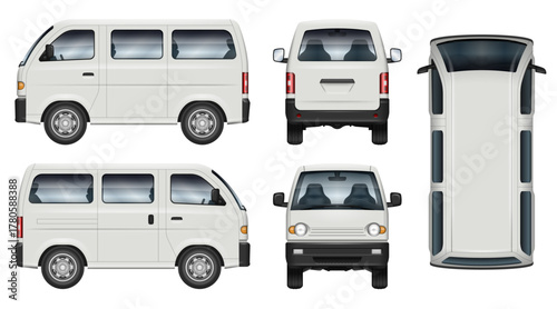 Vector mockup of small passenger van for corporate identity or vehicle branding. View from the side, front, rear and top. All elements in the groups are in separate layers for easy editing and recolor