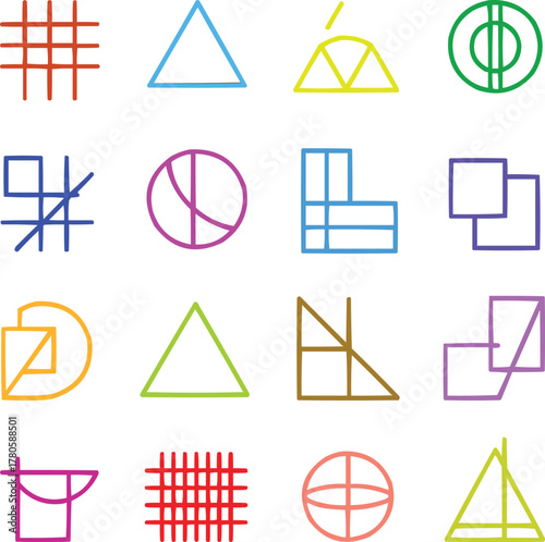 Brutalist Abstract Geometric Icon Set  Primitive Shapes, Grids, and Symmetrical Forms
