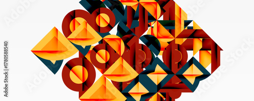 Abstract geometric composition. Shapes overlap, creating complex visual texture. Warm colors dominate, with cool accents. Modern design.