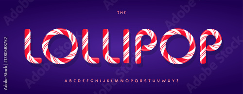 Lollipop Cane Font, Sugar Candy Alphabet, Red White Stripes Letters for Birthday Party Headline Logo Typography, Funny Xmas Typescript, Bakery Sweet Dessert. 3D Kids Holiday Fonts. Vector Typeset