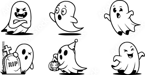 Ghost set. Funny Ghost icons. Cute ghost characters. Design elements for logo, badges, banners, labels, posters. Vector illustration