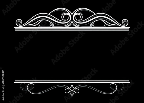 Ornate vintage film frame border with decorative flourishes and central divider on black background. Classic silent era aesthetic ideal for retro cinema themes, elegant certificates, formal designs.
