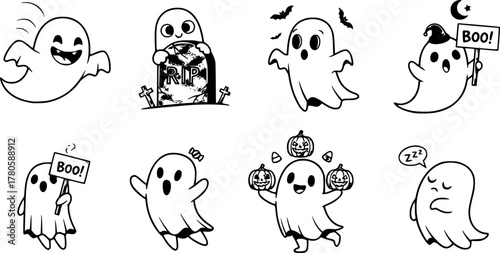 Ghost set. Funny Ghost icons. Cute ghost characters. Design elements for logo, badges, banners, labels, posters. Vector illustration