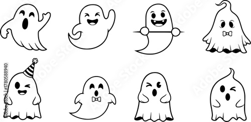 Ghost set. Funny Ghost icons. Cute ghost characters. Design elements for logo, badges, banners, labels, posters. Vector illustration